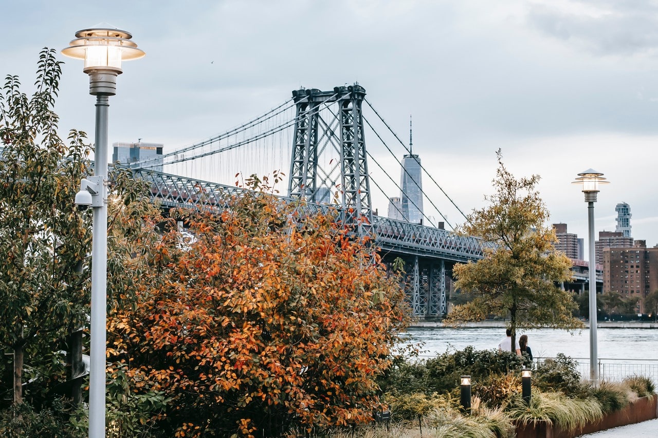 a scenic view of a bridge in New York in the fall