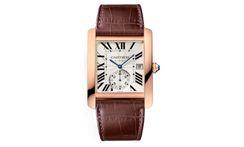 A Cartier Tank watch with a square, rose gold case, available at Northeastern Fine Jewelry.