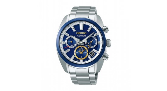A stainless steel Seiko Luxe watch with a blue dial, available at Northeastern Fine Jewelry.