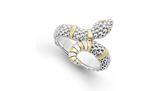 A mixed metal and textured snake ring from Lagos, available at Northeastern Fine Jewelry.