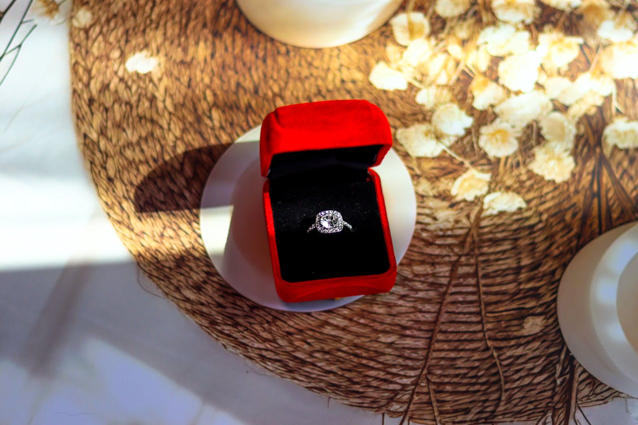 A close-up of a white gold halo diamond engagement ring inside the black and red velvet jewelry box under sunlight.