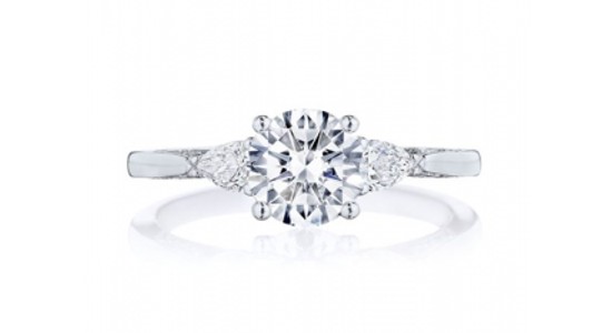 A white gold three stone engagement ring by TACORI, available at Northeastern Fine Jewelry.