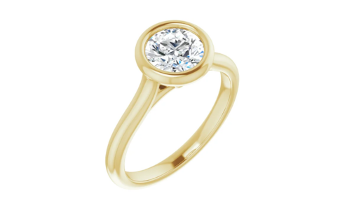 A simple yet robust bezel-set engagement ring from Stuller, available at Northeastern Fine Jewelers.