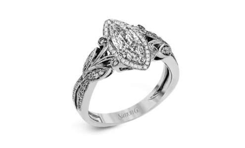 A Simon G. marquise engagement ring with an ornate floral-inspired band, available at Northeastern Fine Jewelers.