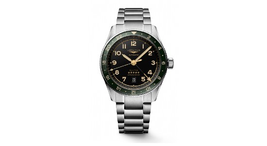 A stainless steel Longines watch with black dial, available at Northeastern Fine Jewelry.
