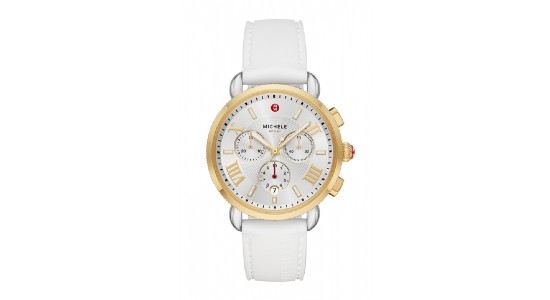 A white and gold Michele sports watch, available at Northeastern Fine Jewelry.