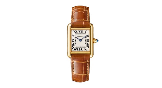 A Cartier watch with a rectangular gold case and brown alligator leather strap, available at Northeastern Fine Jewelry.
