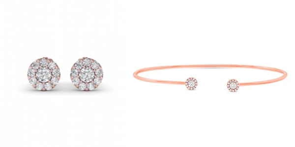 A pair of halo diamond studs and a diamond cuff bracelet, both crafted in rose gold.