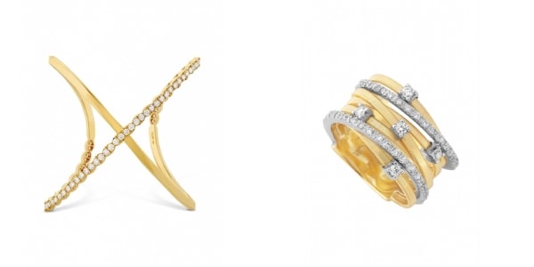 A cross-cross bangle and a wrap-around fashion ring, both featuring diamond details.