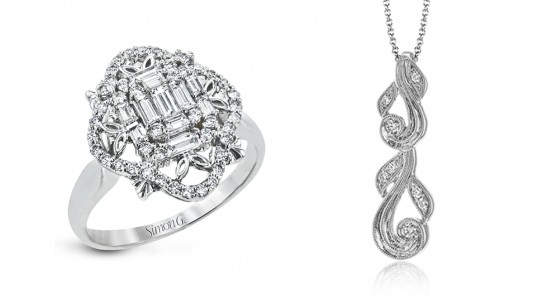 A vintage Simon G. fashion ring and a Trellis pendant necklace.