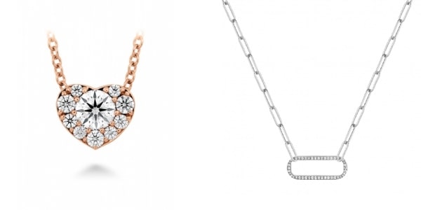 A rose gold diamond heart pendant and a white gold chain necklace.