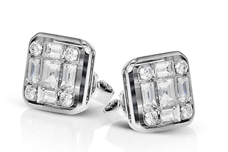 A pair of Simon G. stud earrings that feature multiple diamond shapes.
