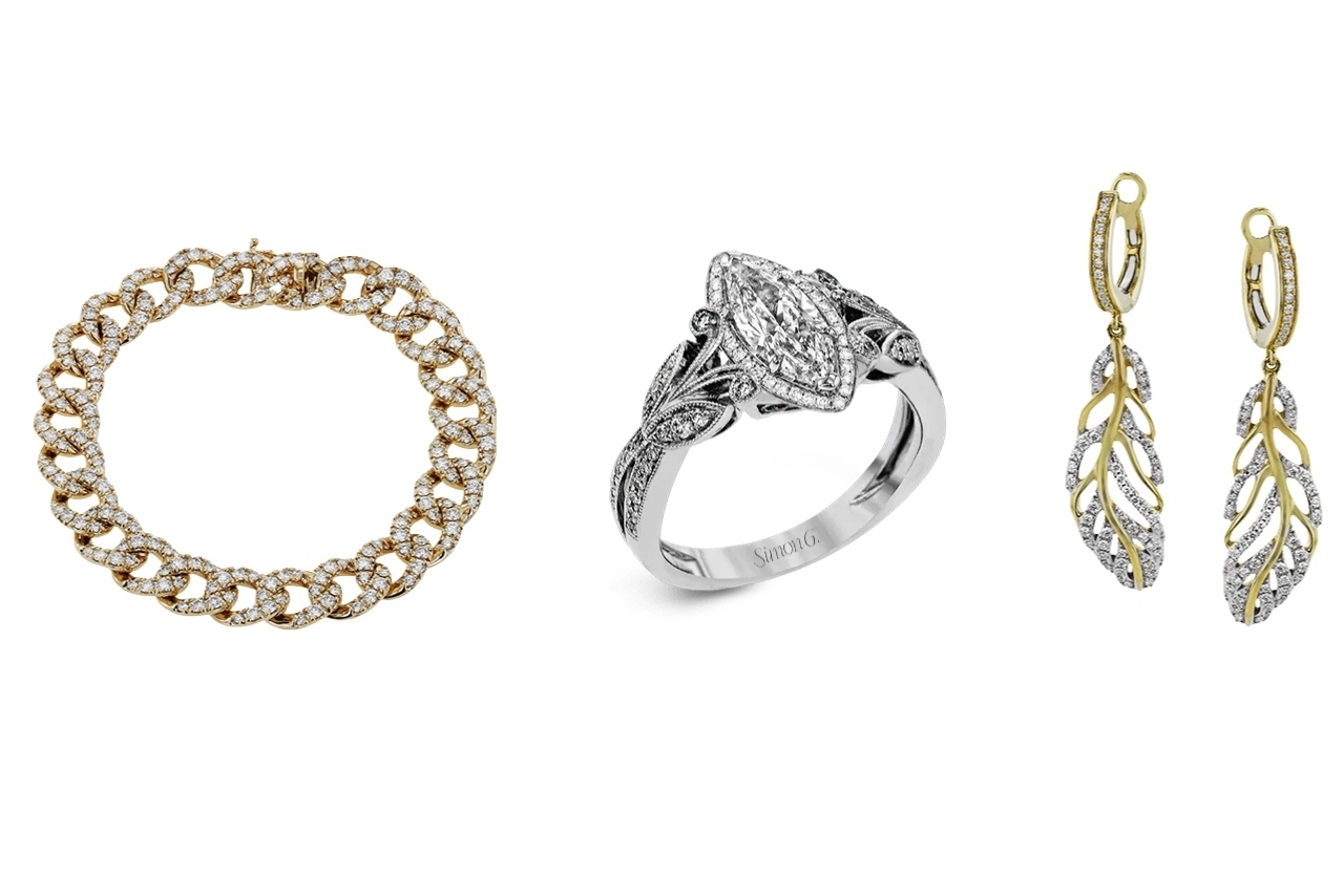 Simon G. bracelet, engagement ring, and dangle earrings