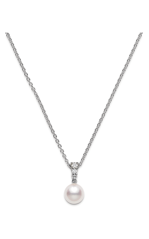 A pearl pendant accented with sparkling diamonds on a sleek silver chain.