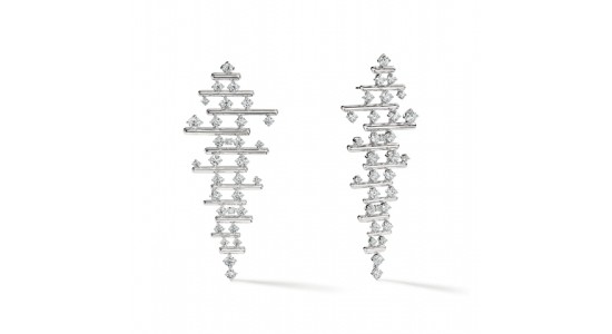 A pair of white gold diamond chandelier earrings from Hearts on Fire, available at Northeastern Fine Jewelry.