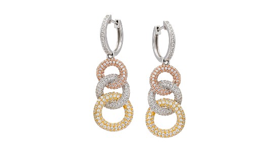 a pair of diamond-studded drop earrings featuring three different metals
