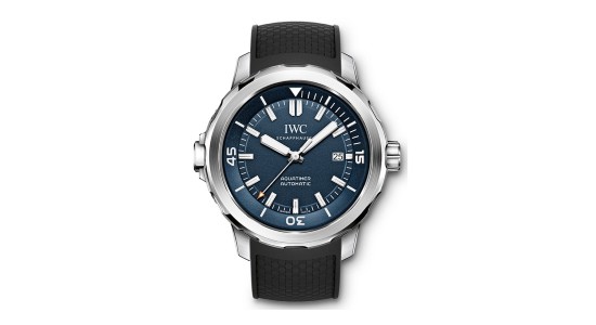 a silver IWC watch with a blue dial and a black rubber strap
