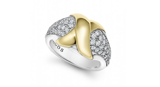 a mixed metal ring by LAGOS featuring a yellow gold “X” and pave set diamonds