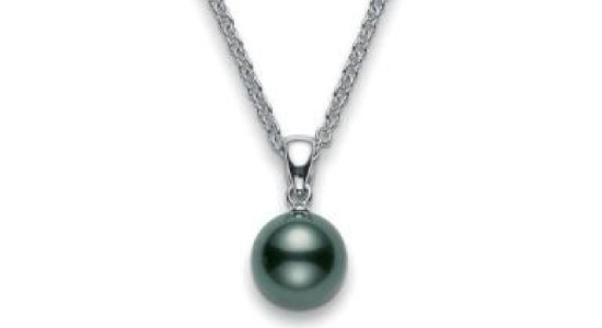 A dark pearl pendant necklace with a silver chain by Mikimoto, available at Northeastern Fine Jewelry.