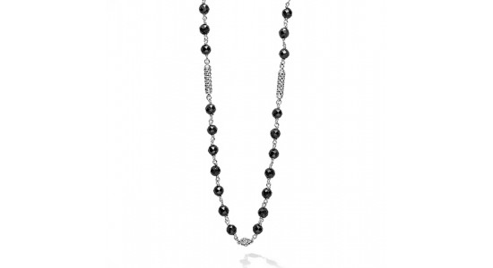 A silver-toned necklace with black ceramic beads by Lagos, available at Northeastern Fine Jewelry.