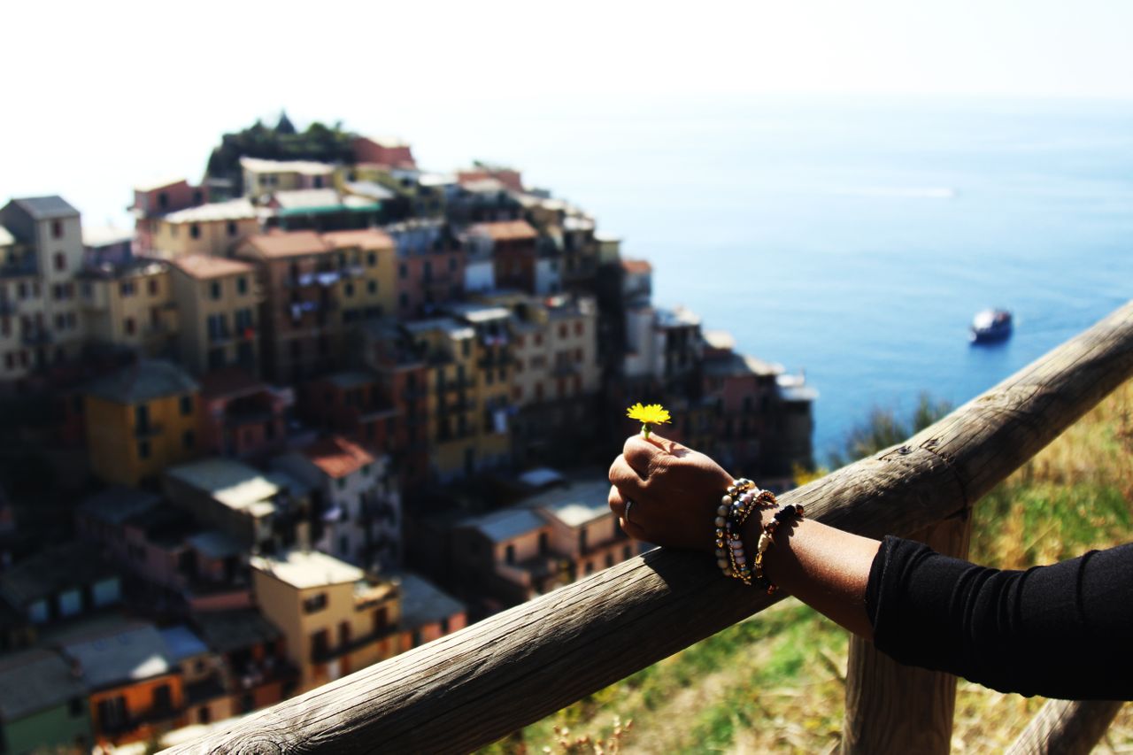 A woman’s hand rests on a fence rail, holding a dandelion while looking over a village.