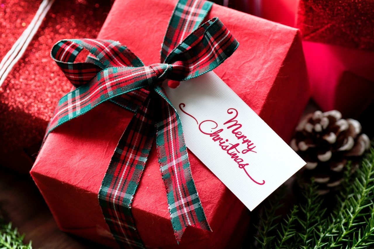 A close-up of a festively wrapped Christmas gift, tied with a plaid ribbon and a tag that reads “Merry Christmas.”