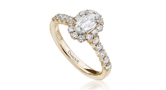 a vintage inspired engagement with a halo setting and gold band