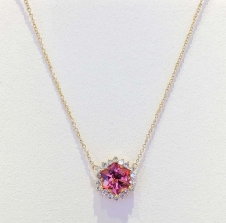 Hexagon Pink Tourmaline and Diamond Halo Necklace Hexagon Pink Tourmaline and Diamond Halo Necklace